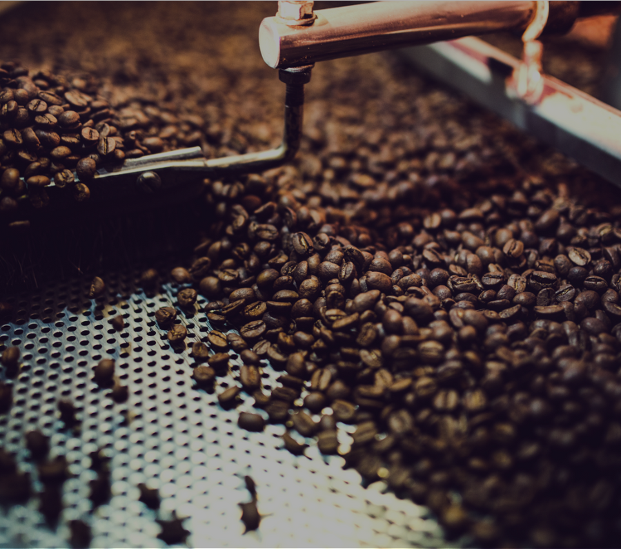 Coffee beans being scooped into a Fieldheads roasting drum in Bigfork, Montana